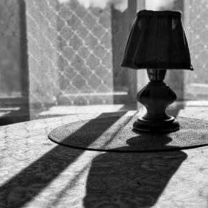 A monochrome image of a table lamp, showcasing its elegant design and contrasting shades