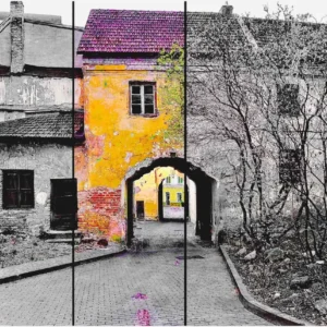 A vibrant painting of a yellow and pink building with a gate