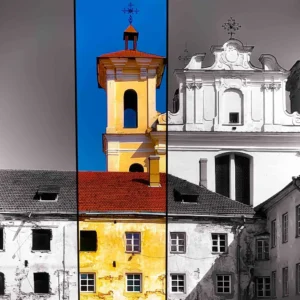 Two buildings in different colors: one blue, one yellow