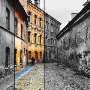 Captivating snapshots of Vilnius old town, featuring two distinct views of an ancient city stree