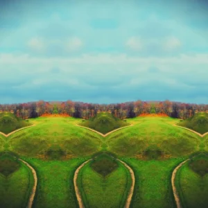A panoramic view of a field with a majestic tree captured by a drone