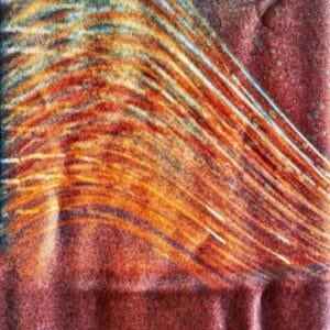 Red background with wave painting, depicting sun path over six months.